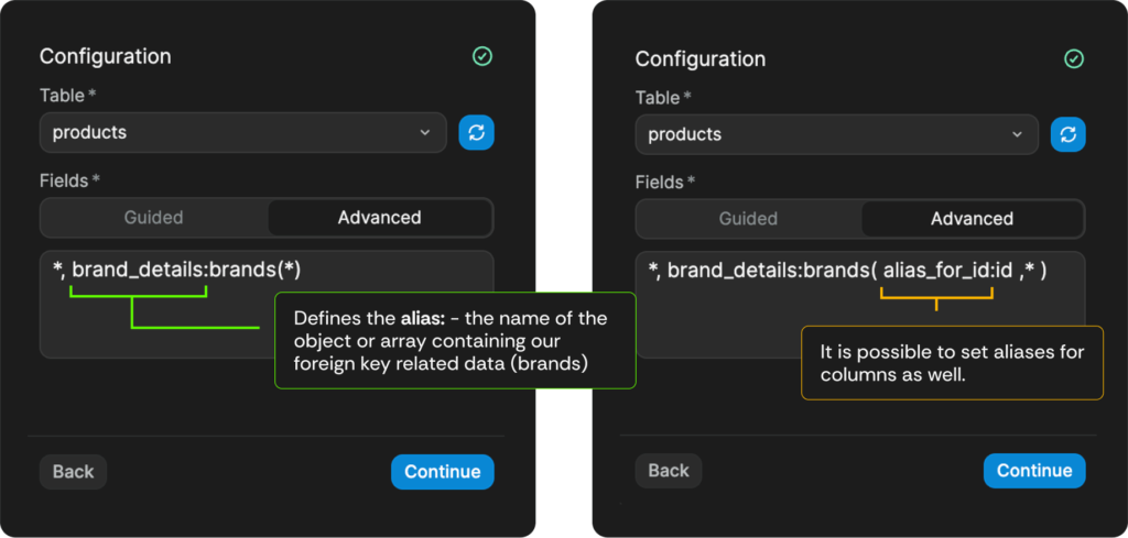 weweb examples of aliases for data with the Supabase plugin