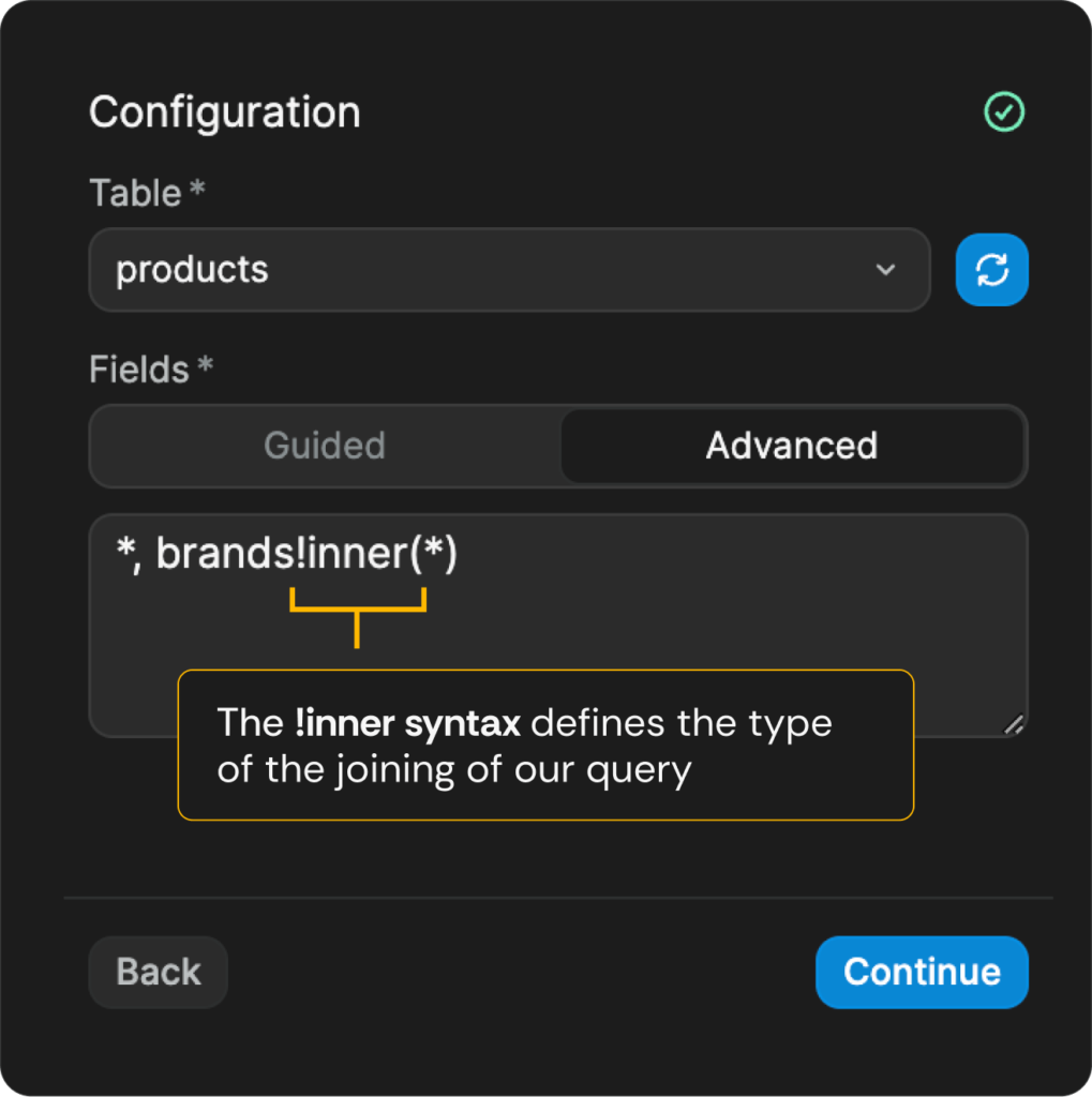 one of the weweb examples of performing inner joins with Supabase